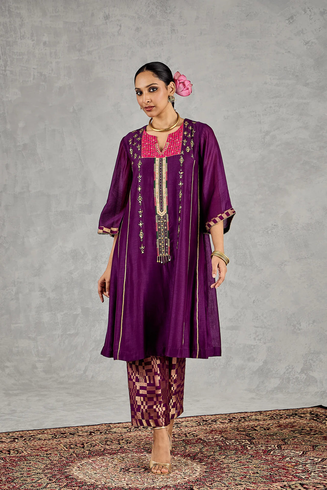 Purple Long Yoke Embroidery Kurta Set