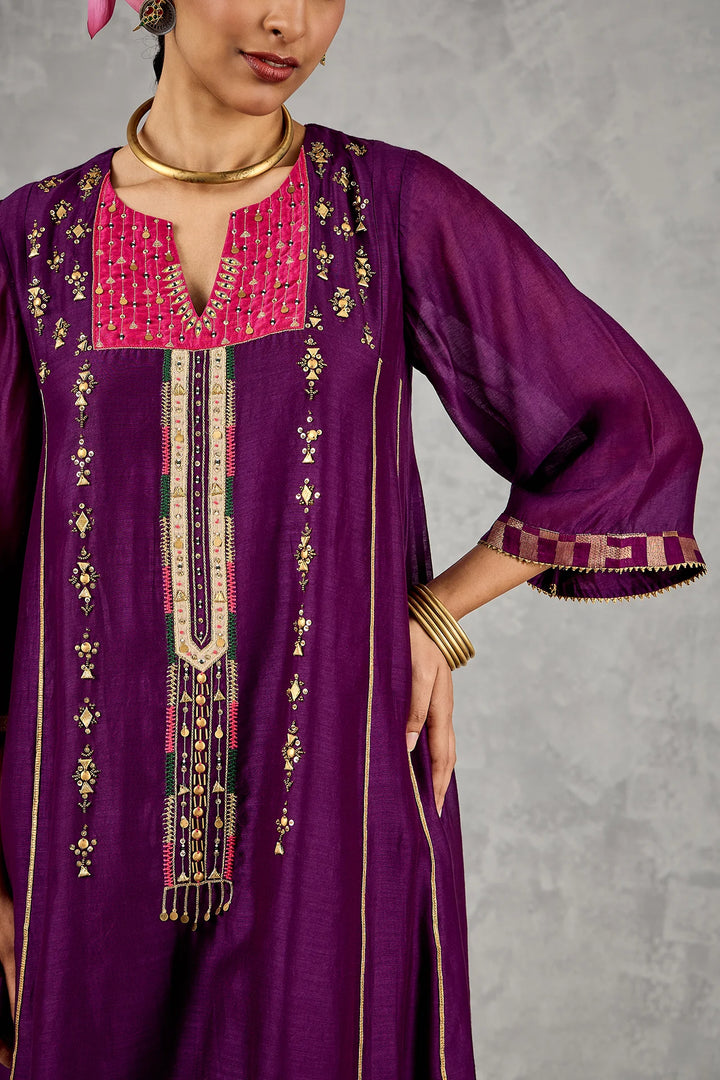 Purple Long Yoke Embroidery Kurta Set