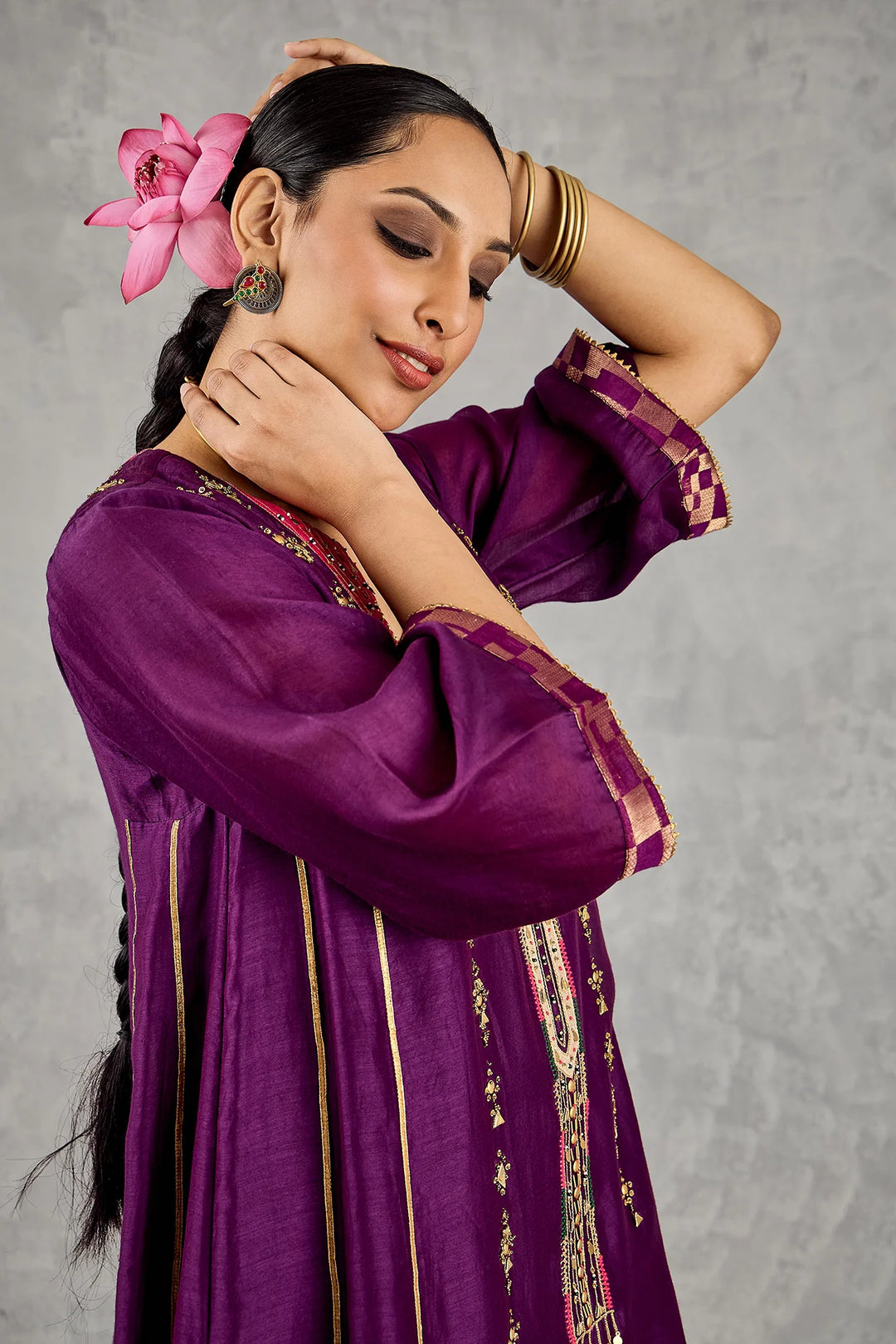 Purple Long Yoke Embroidery Kurta Set