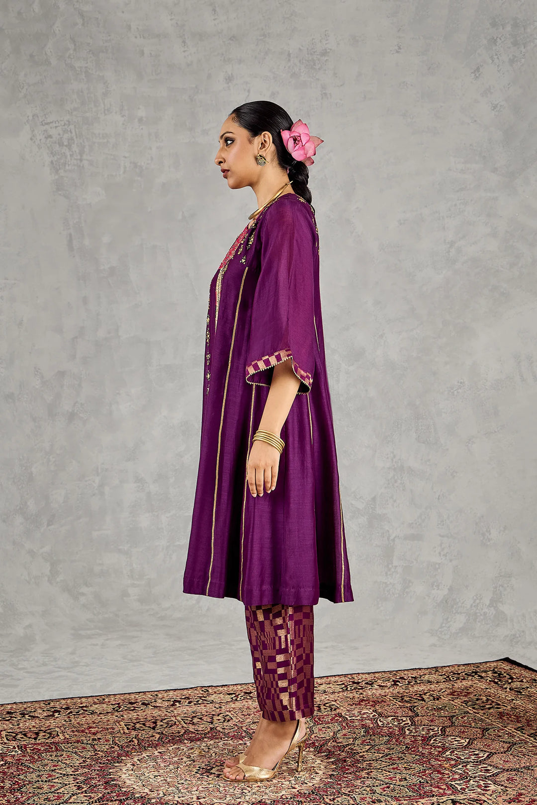 Purple Long Yoke Embroidery Kurta Set