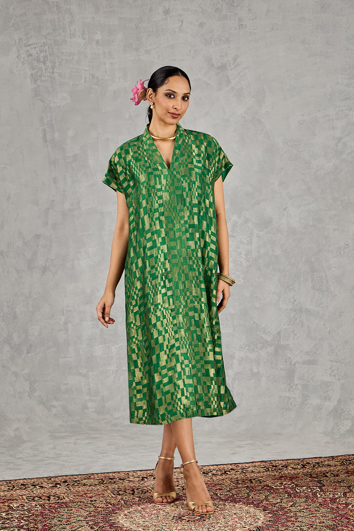 Green Check V-Neck Long Dress