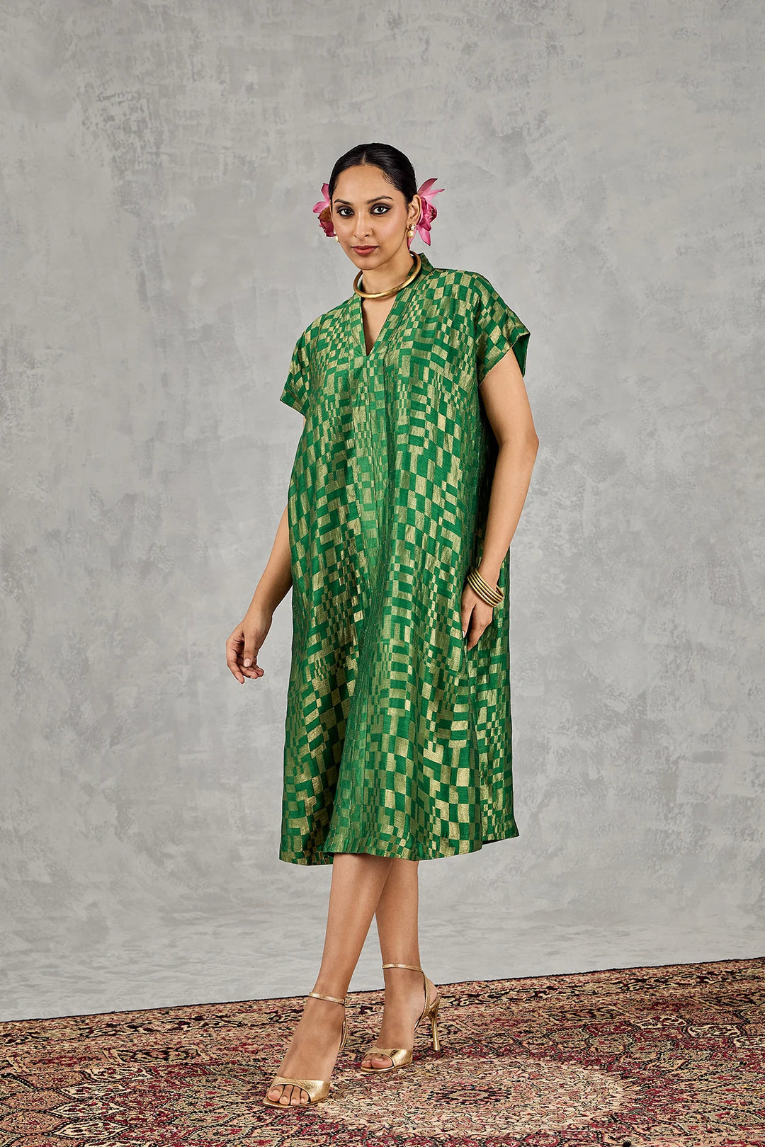 Green Check V-Neck Long Dress