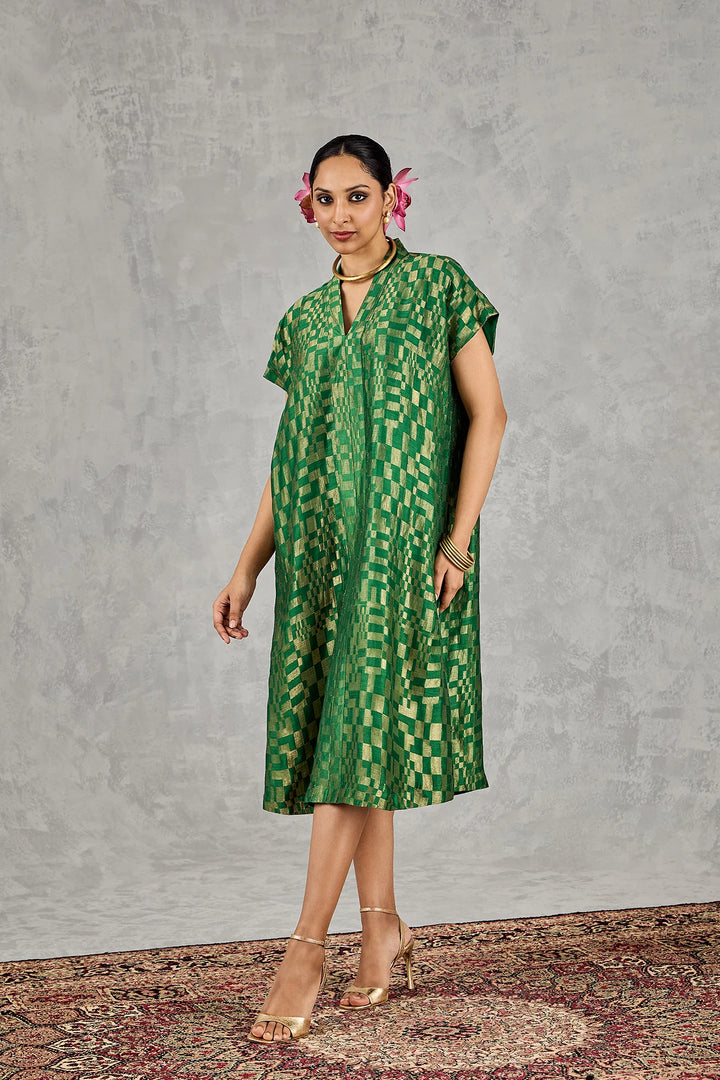 Green Check V-Neck Long Dress