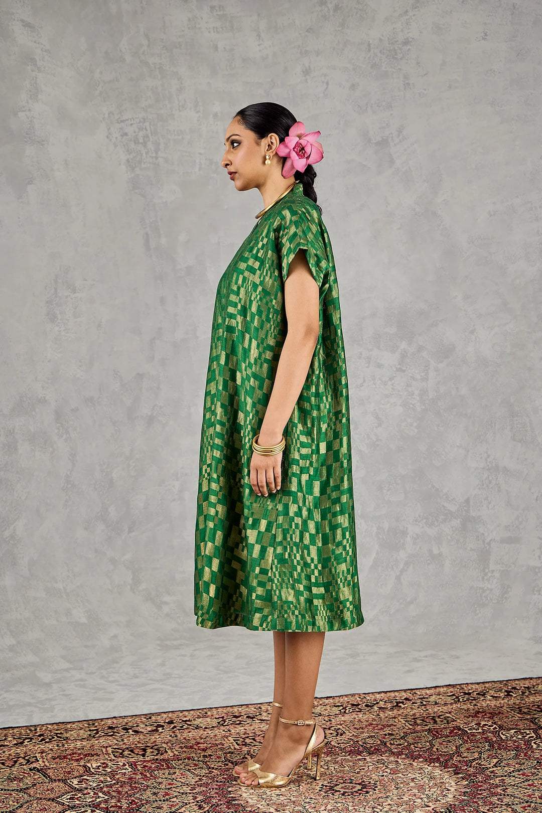 Green Check V-Neck Long Dress