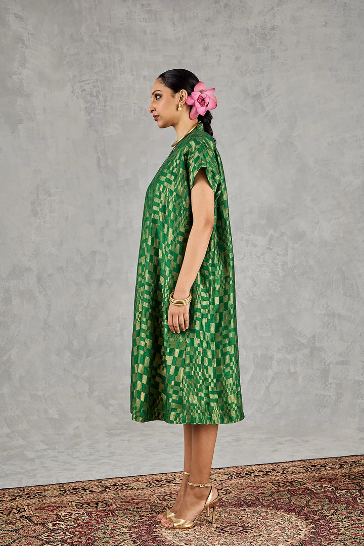 Green Check V-Neck Long Dress