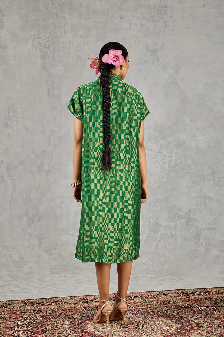 Green Check V-Neck Long Dress