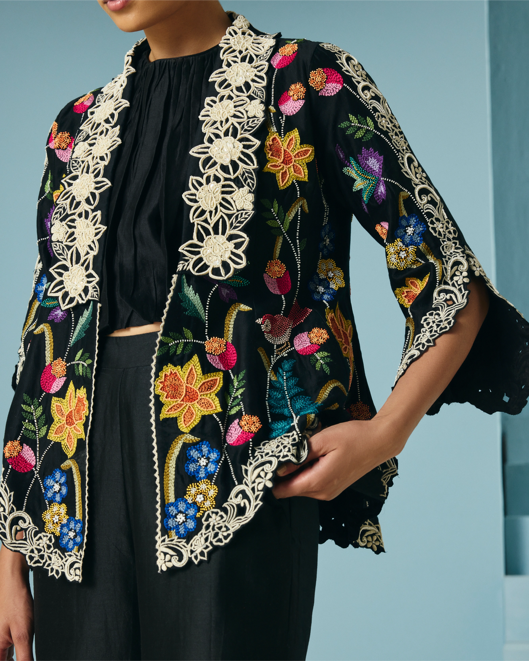 Black Floral Foliage Flared Jacket