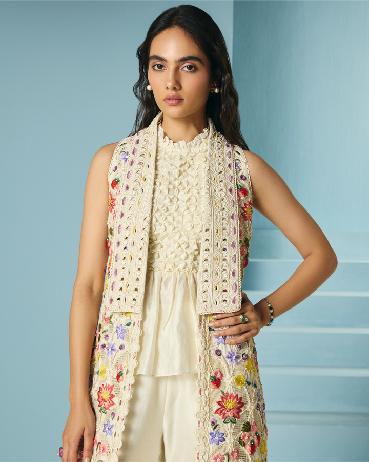 Ivory Floral Threadwork and Beadwork Long Jacket
