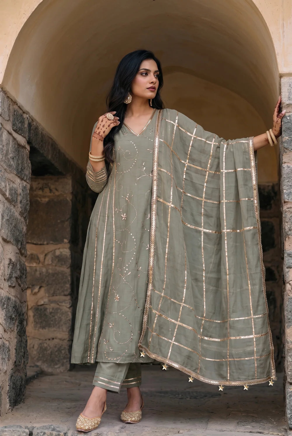 Raha Mul Chanderi Mukaish Anarkali Set in Moss Green