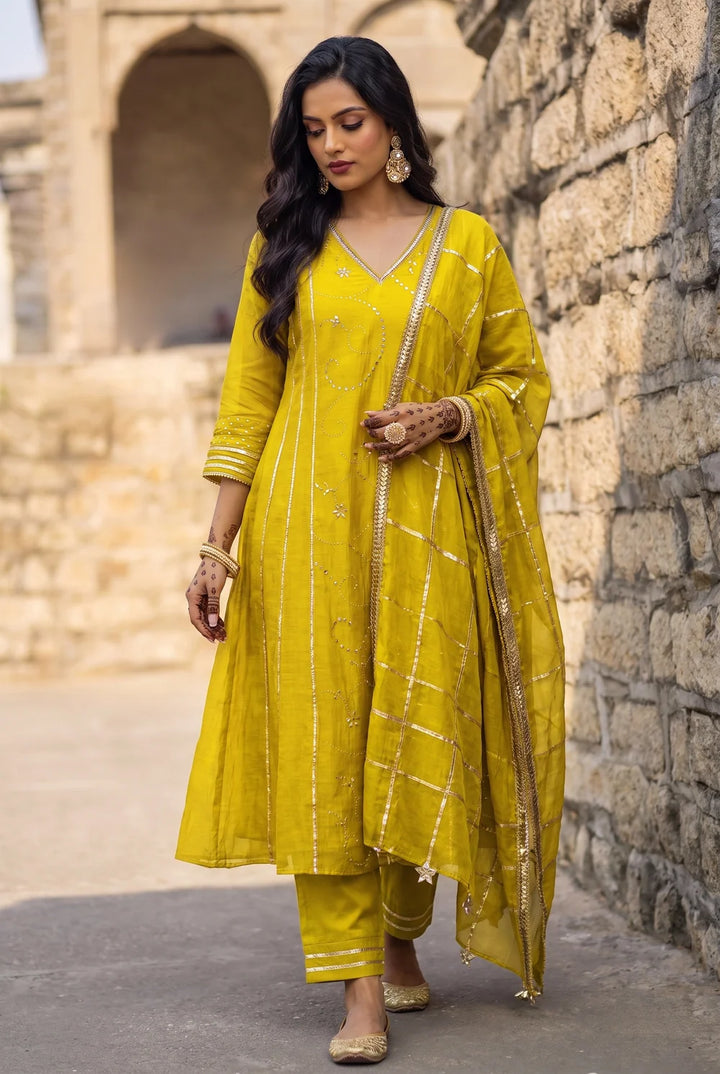 Raha Mul Chanderi Mukaish Anarkali Set in Lime Yellow