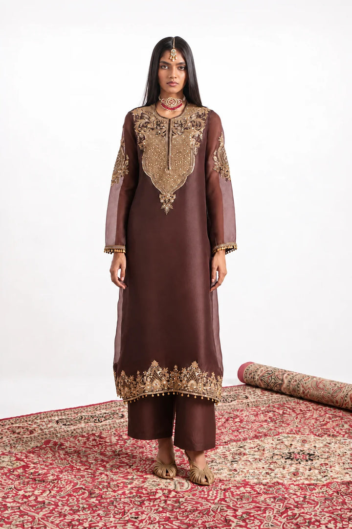 Zar-Rang Brown Straight Kurta Set