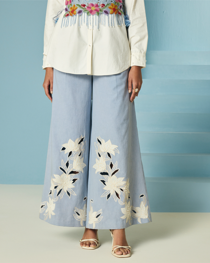 Powder Blue Contrast Embroidered Flared Pant