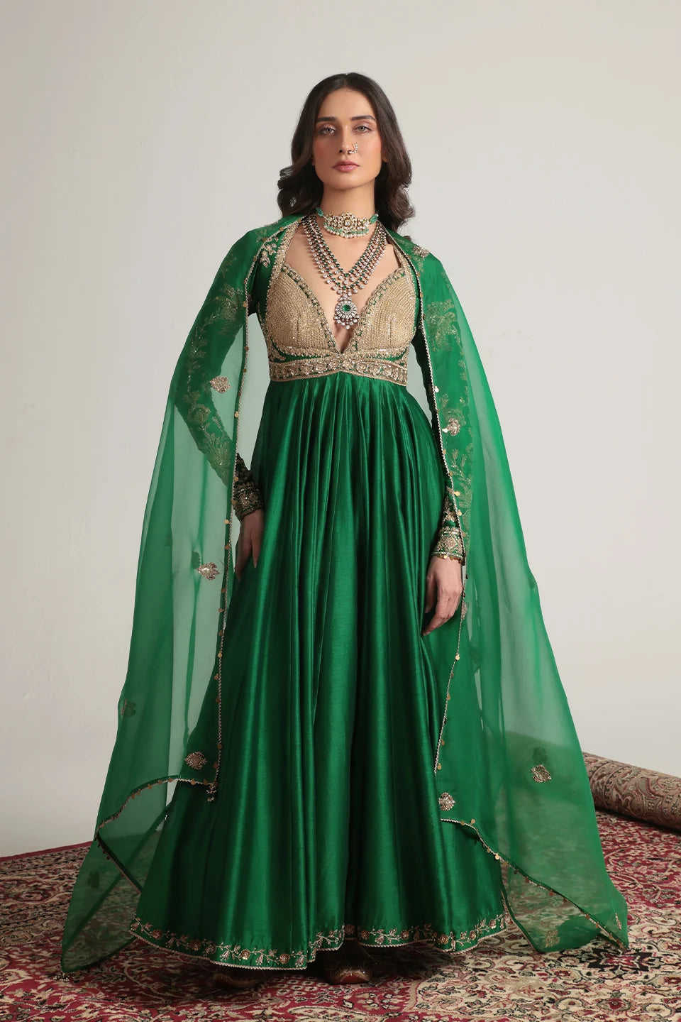Zar-Rang Green Heavy Yoke Kalidar Set