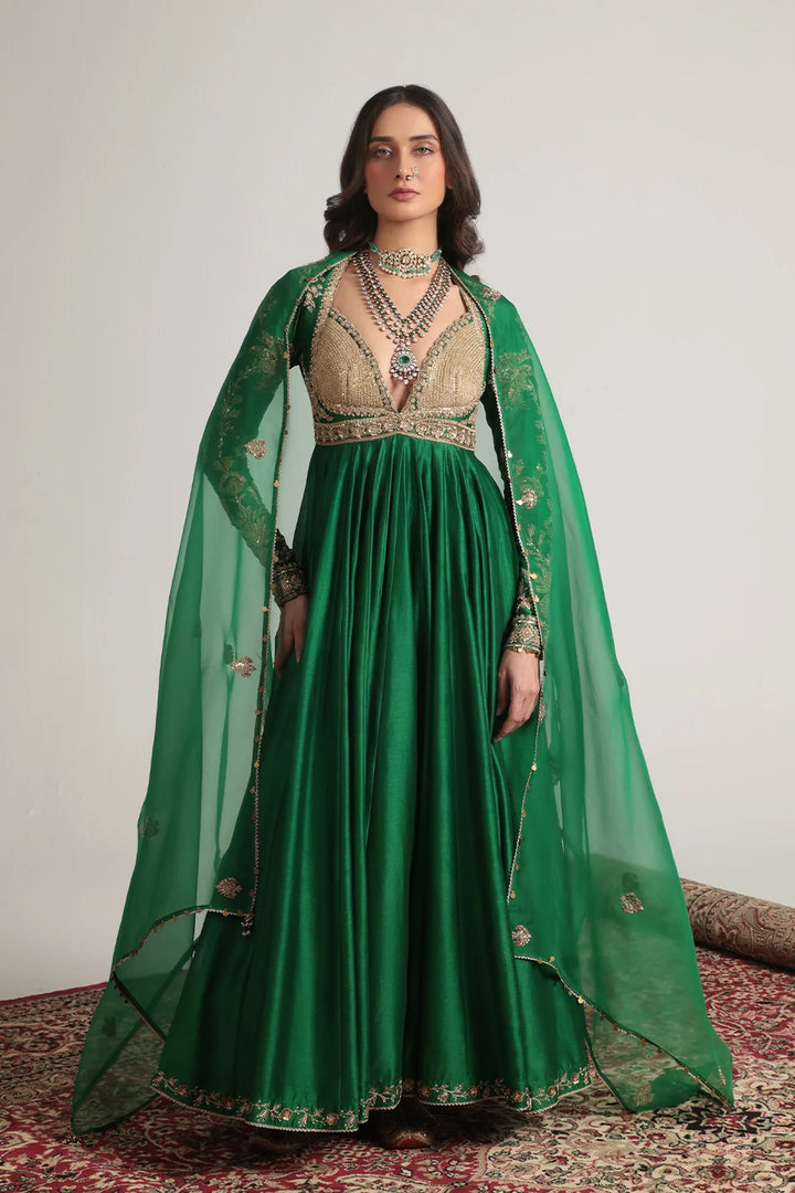 Zar-Rang Green Heavy Yoke Kalidar Set
