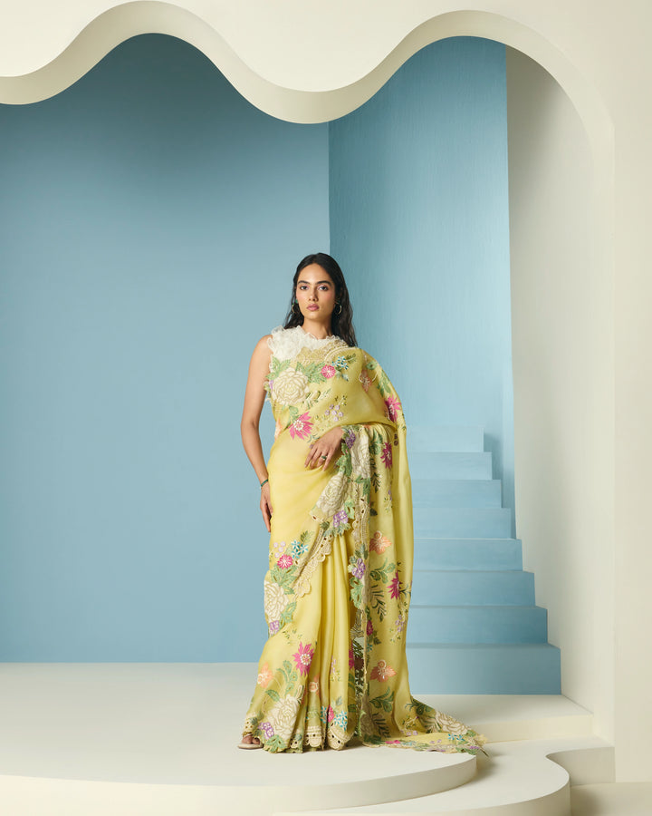 Butter Yellow Floral Applique Saree