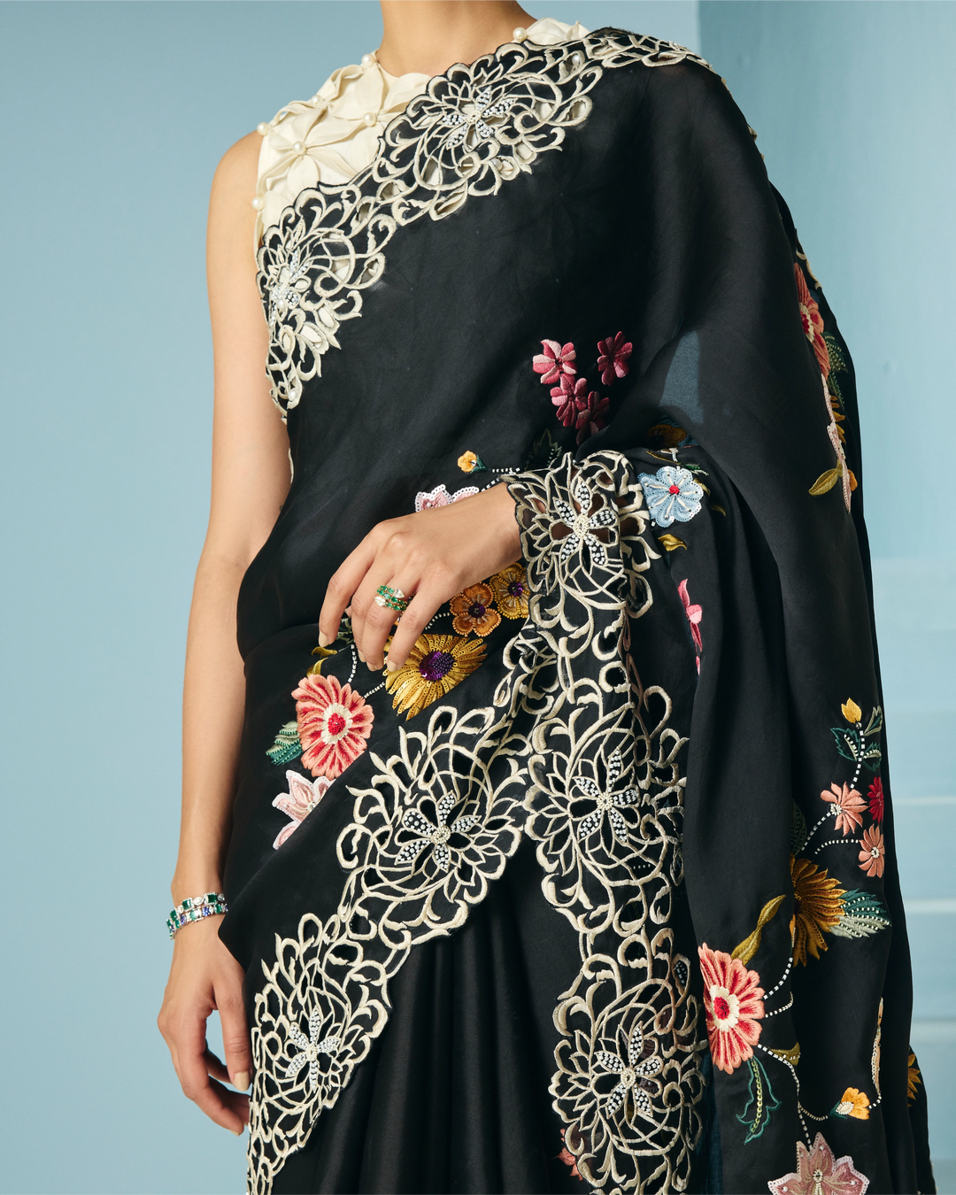 Black Floral Foliage Saree