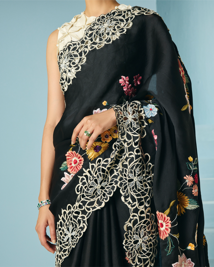 Black Floral Foliage Saree