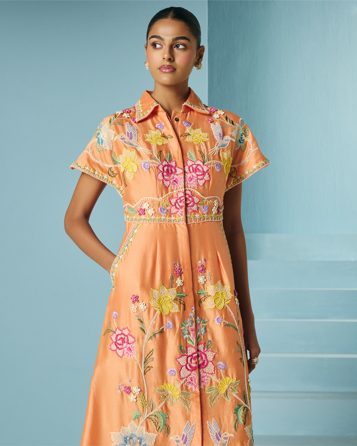 Orange Embroidered Shirt Dress