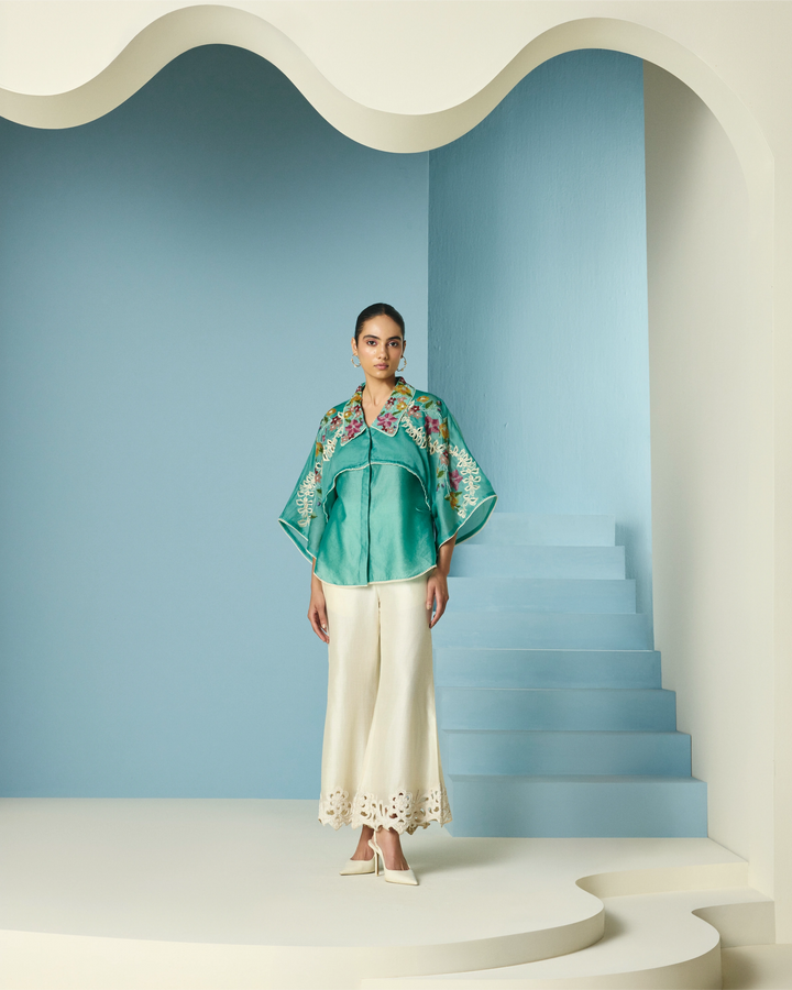 Aqua Floral Beadwork Layered Shirt