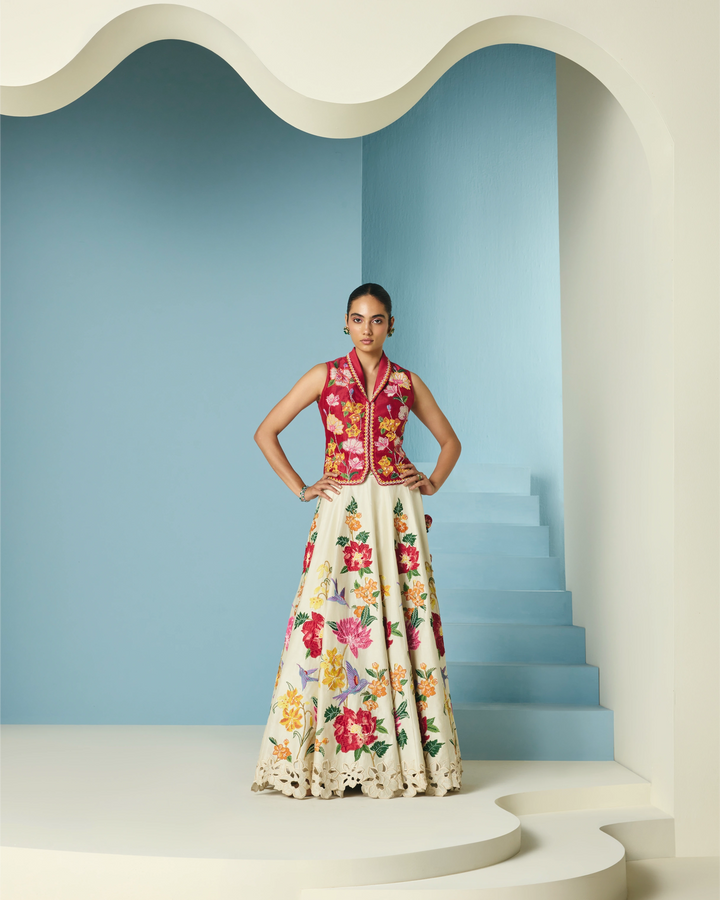 Red Floral Applique Waistcoat