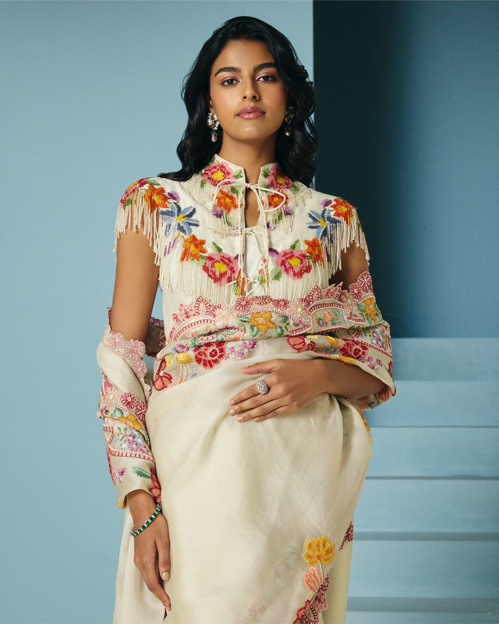 Ivory Floral Beaded Fringe Cape