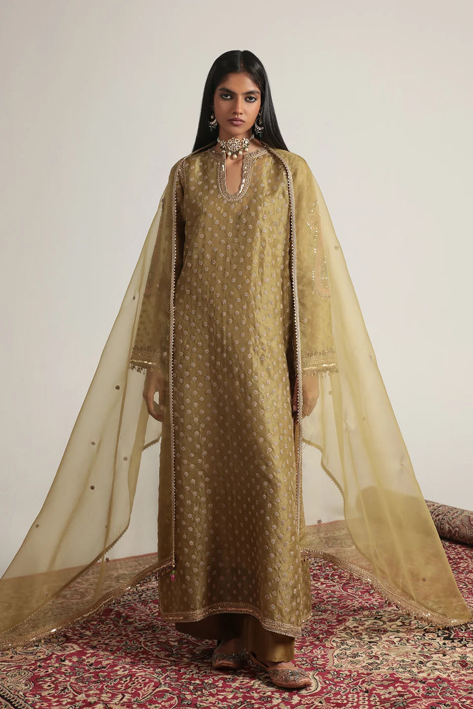 Zar-Rang Olive Green Buti Kurta Set