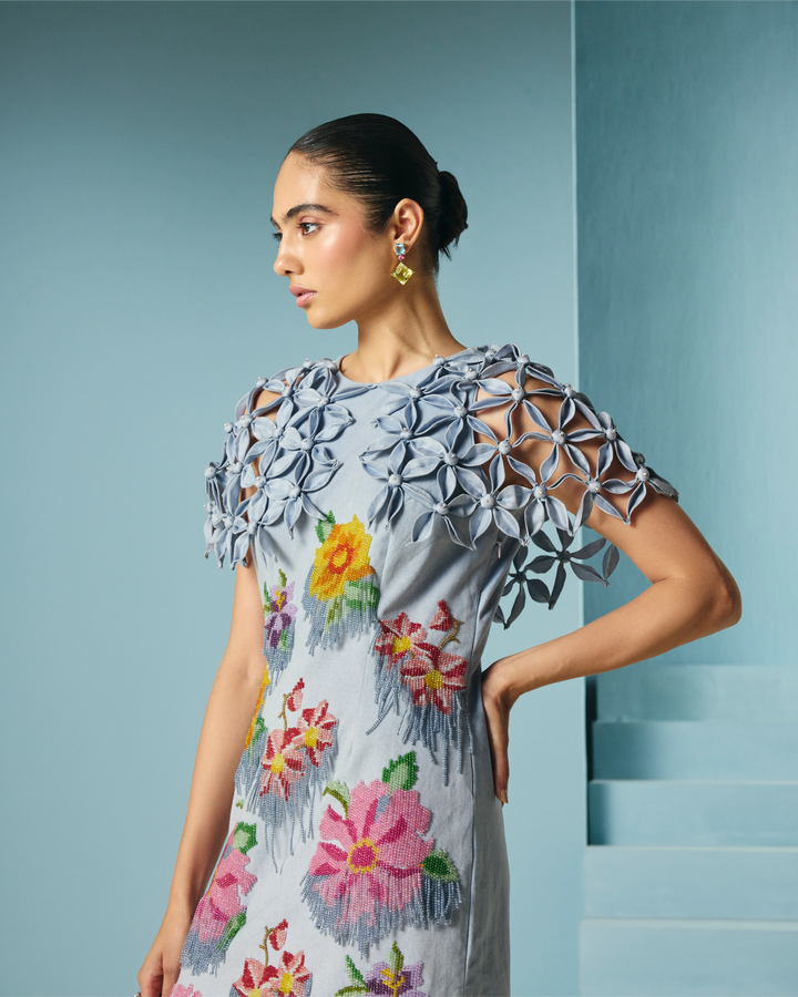 Powder Blue Floral Beadwork Cape Dress