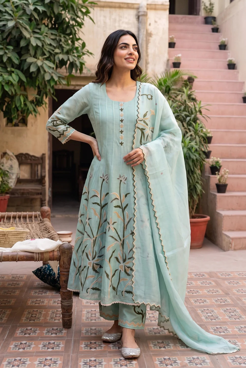 Surkhi Mul Chanderi Anarkali Set in Blue Green