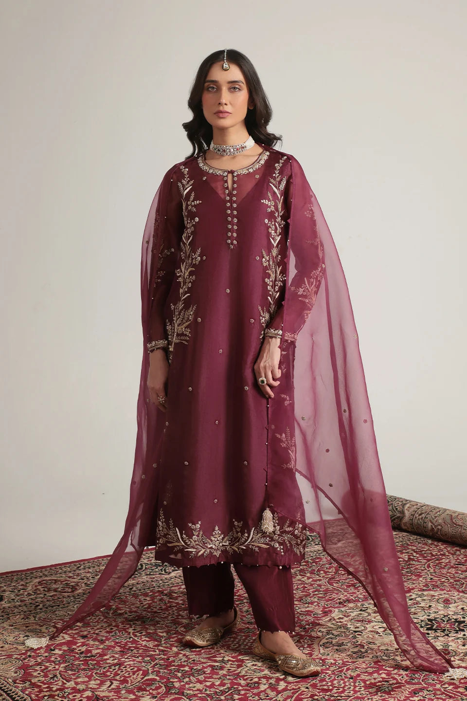 Zar-Rang Wine Light Phool Patti Kurta Set