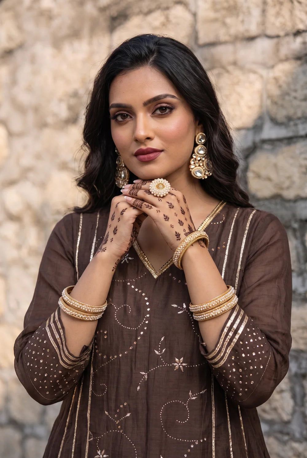 Raha Mul Chanderi Mukaish Anarkali Set in Coffee Brown
