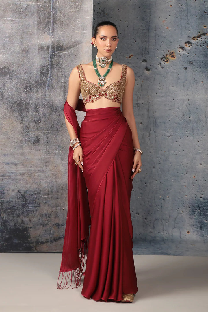 Zar-Rang Maroon Fringe Saree Set