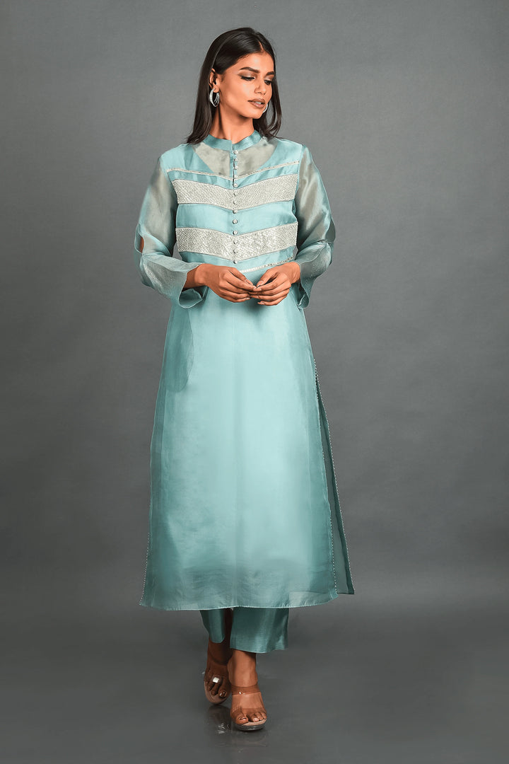 Blue Organza Kurta With Pant and Dupatta