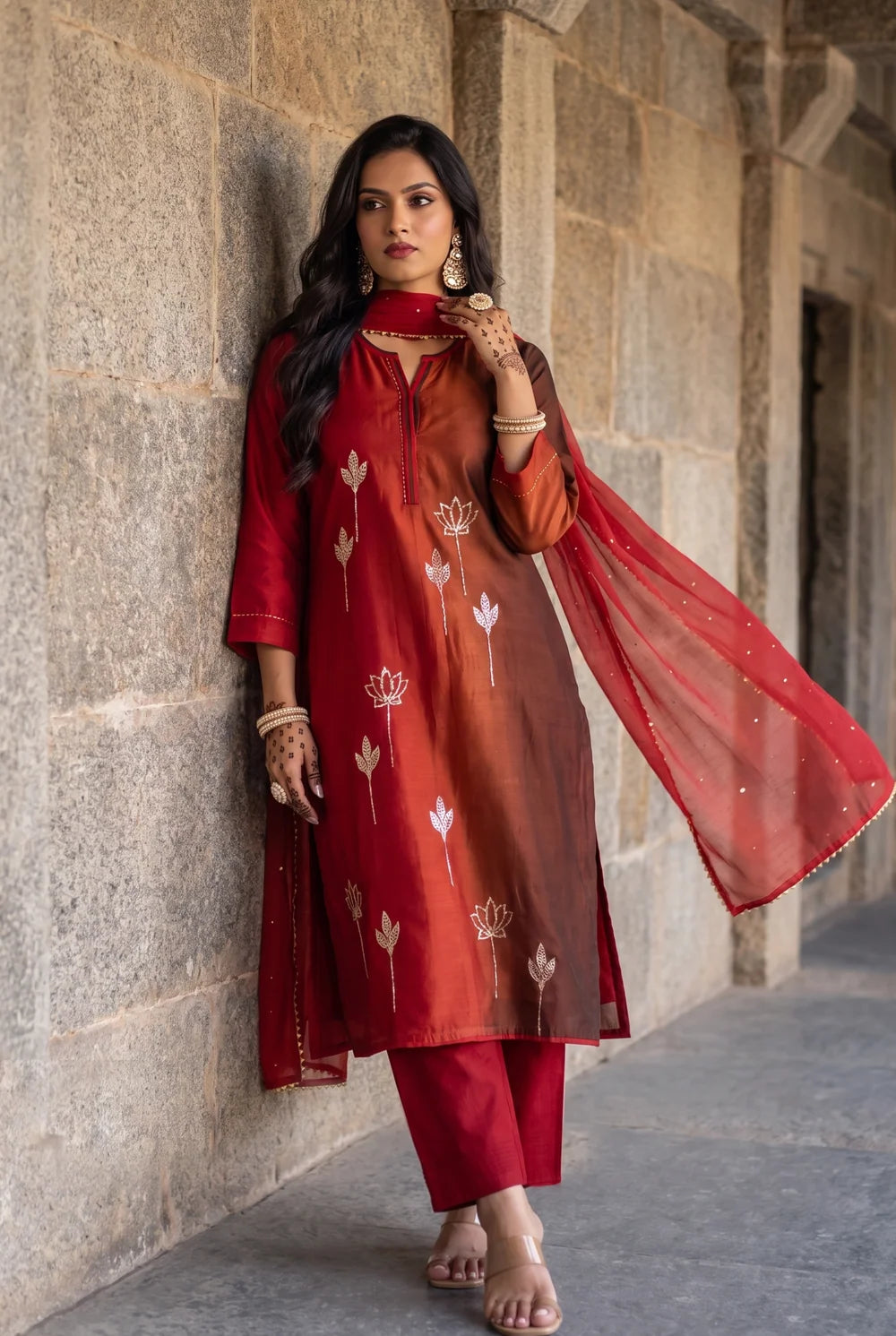 Shvi Silk Chadneri Shaded Kurta Set in Cola Red