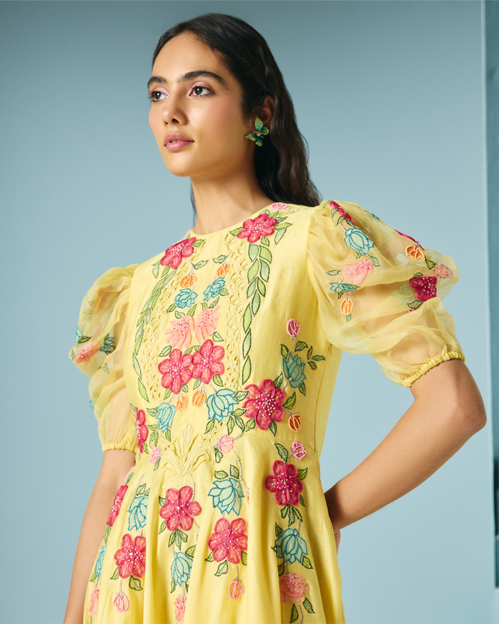 Butter Yellow Applique Flounce Dress