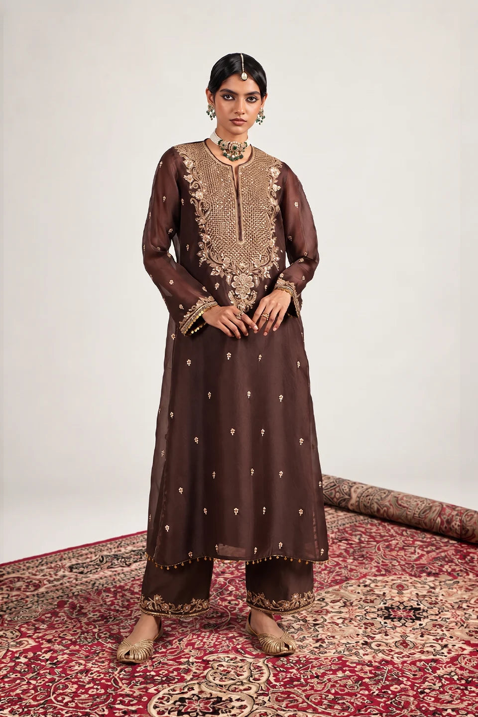 Zar-Rang Brown Long Kurta Set