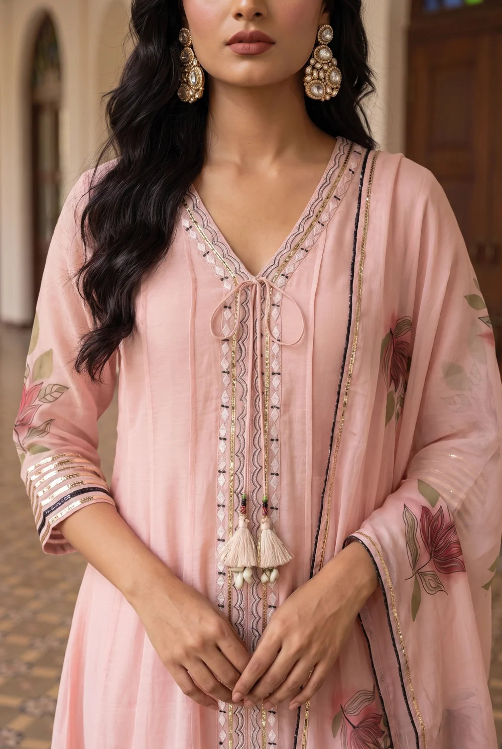 Zoa Mul Chanderi Anarkali Set in Rose Pink