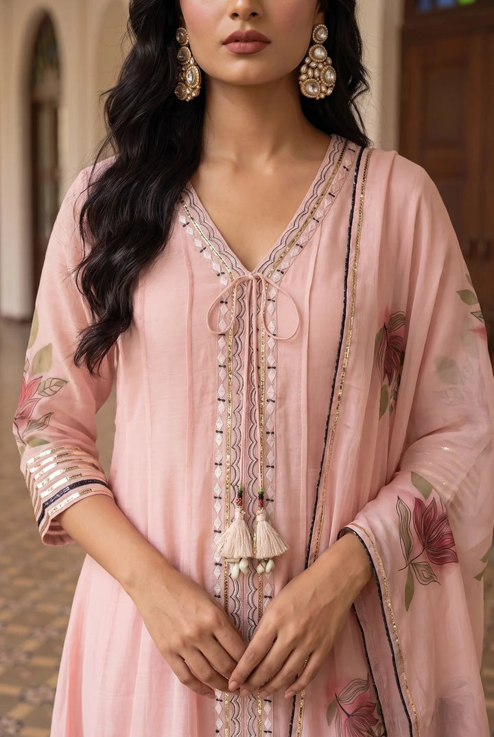 Zoa Mul Chanderi Anarkali Set in Rose Pink