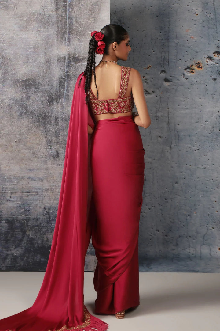 Zar-Rang Maroon Heavy Fringe Saree Set