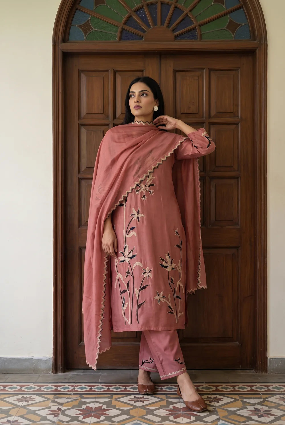 Surkhi Mul Chanderi Kurta Set in Pink Sherbert
