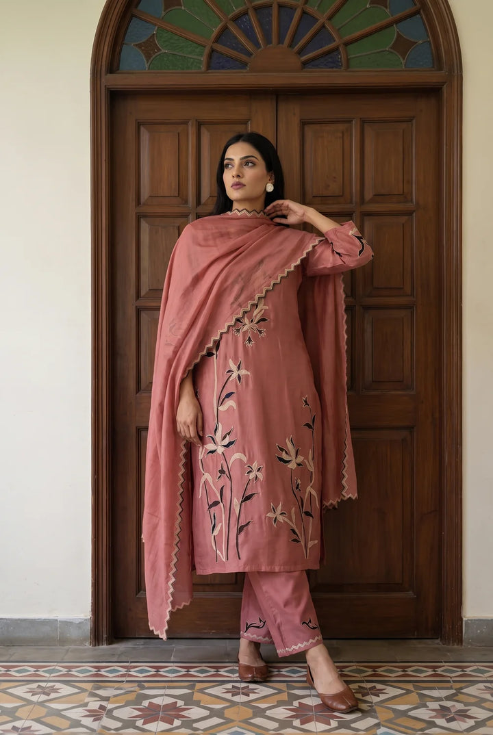 Surkhi Mul Chanderi Kurta Set in Pink Sherbert