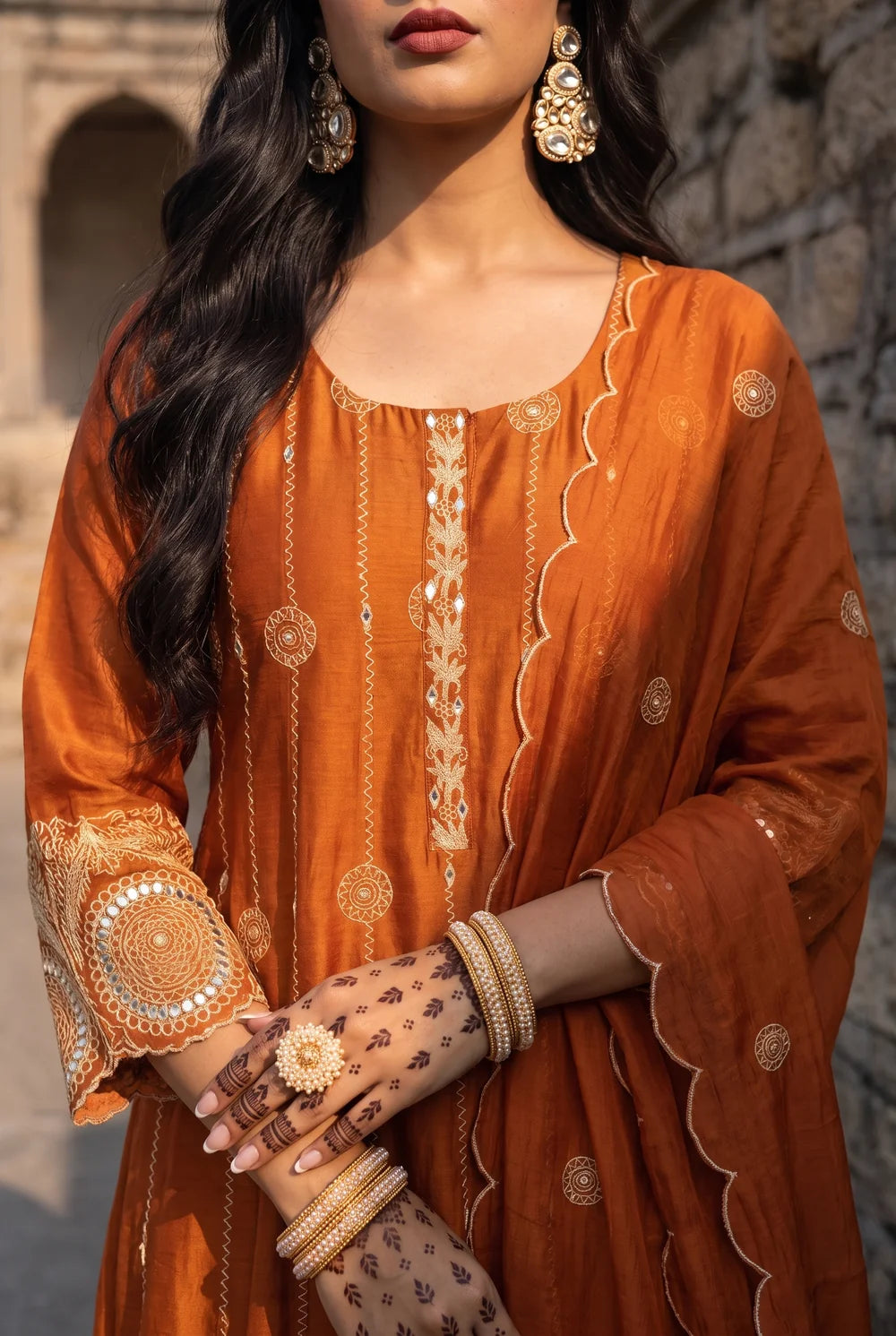 Deewani Silk Chanderi Anarkali Set in Burnt Orange