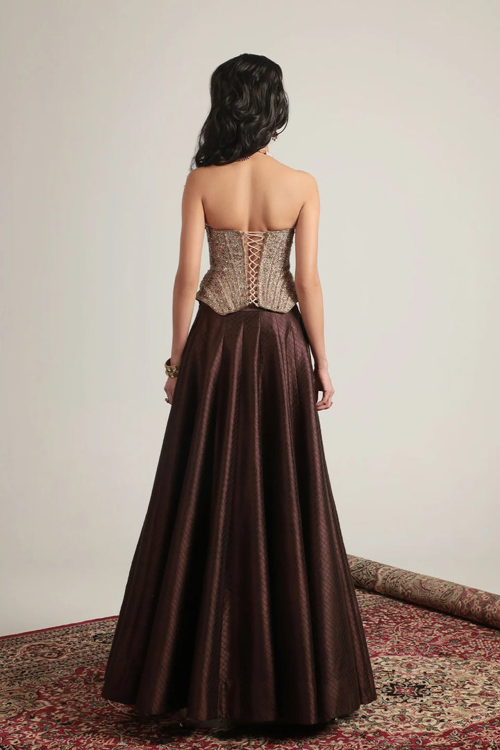 Zar-Rang Brown Panelled Corset Quilted Lehenga Set