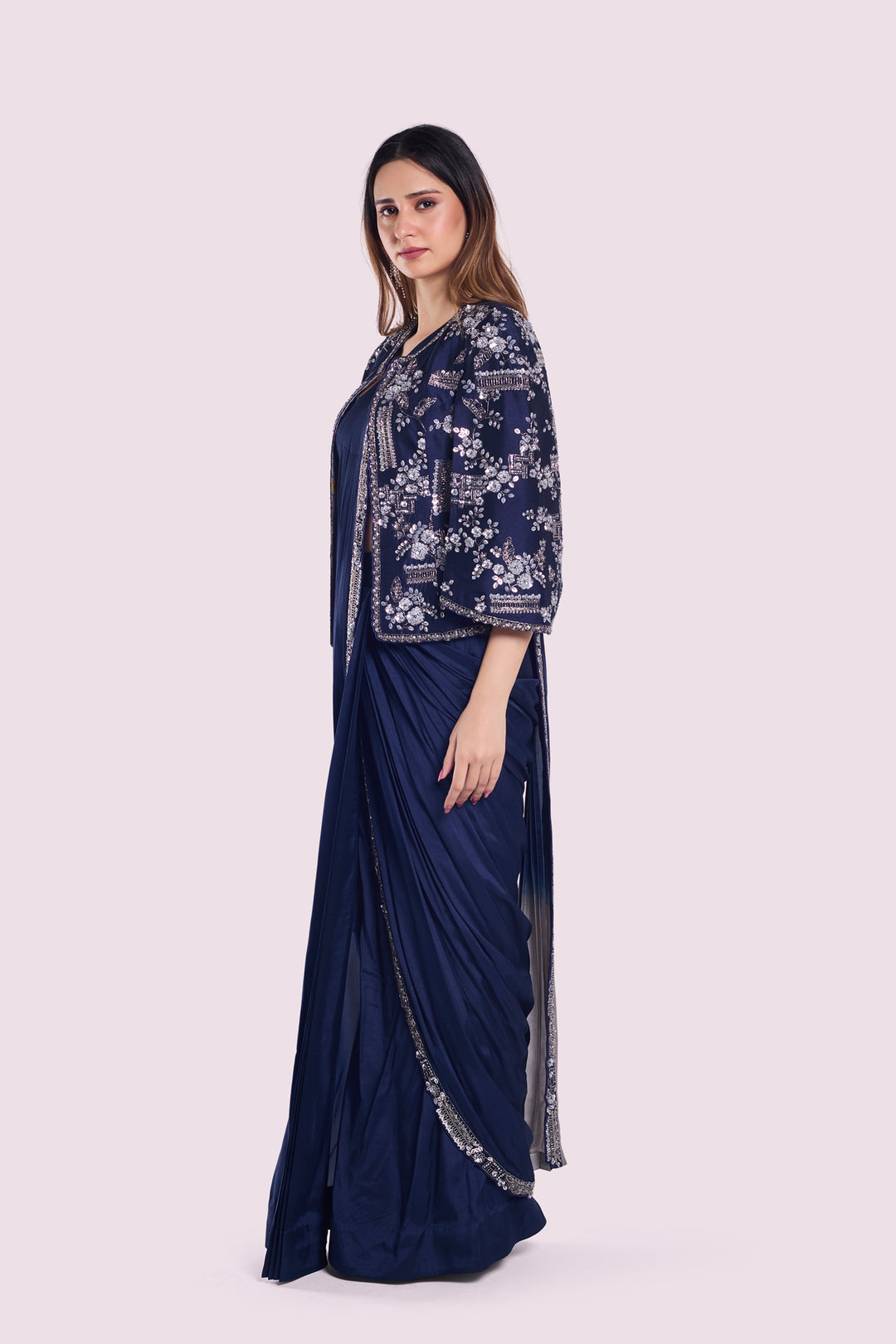 cape sleeve silk drape saree