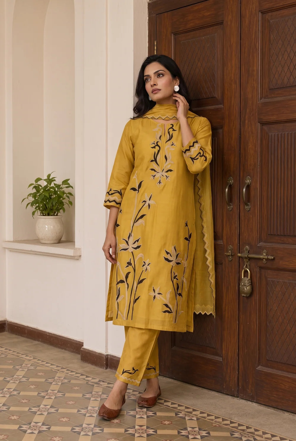 Surkhi Mul Chanderi Kurta Set in Maize Yellow