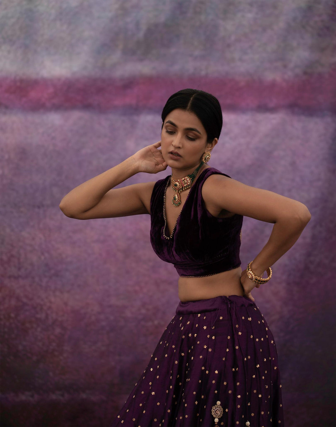 violet all over booti kalli lehenga set