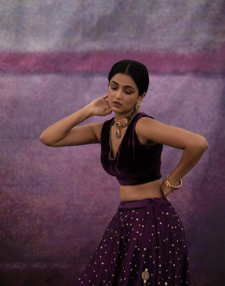 violet all over booti kalli lehenga set