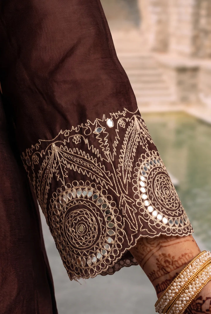 Deewani Silk Chanderi Anarkali Set in Coffee Brown