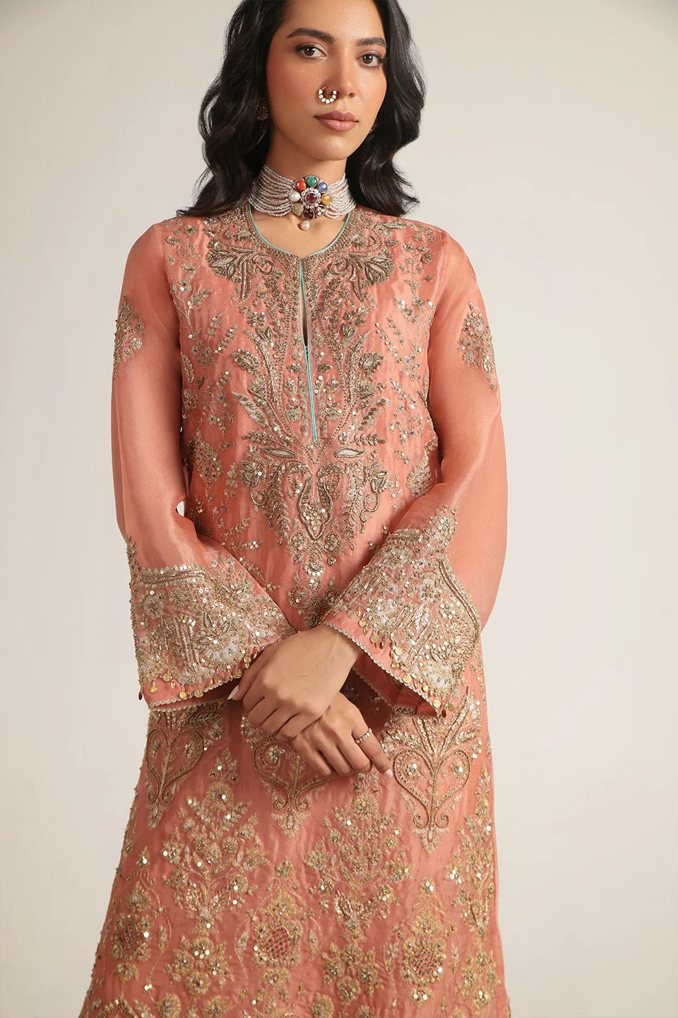 Zar-Rang Peach Heavy Jaal Kaftan Set