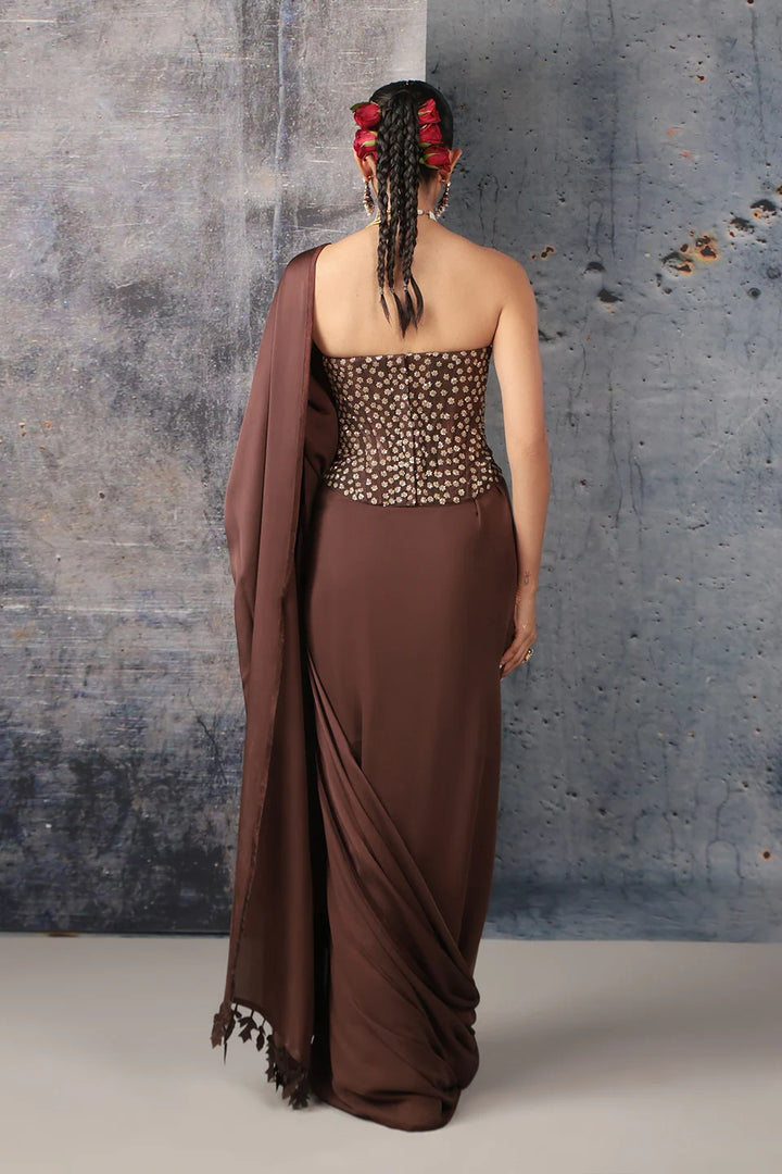Zar-Rang Brown Corset Saree Set