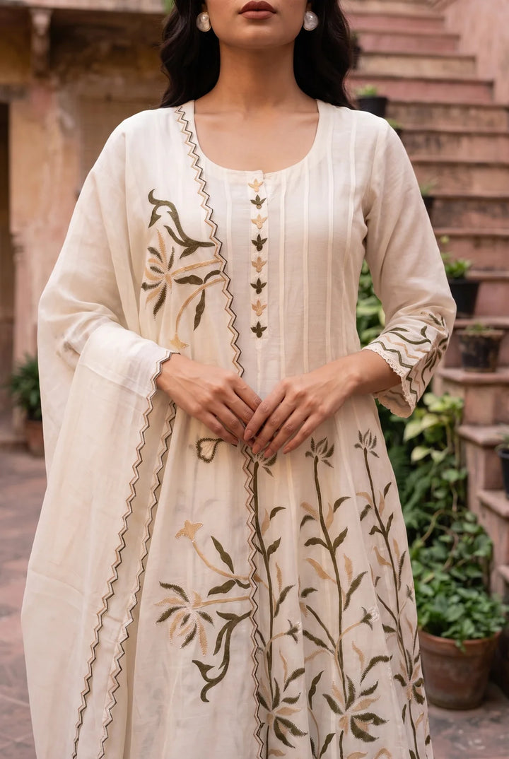 Surkhi Mul Chanderi Anarkali Set in Pearl White